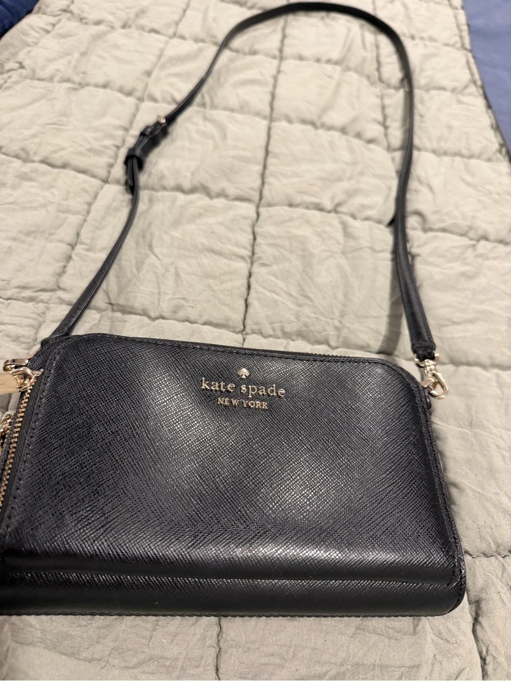 kate spade black leather double-zip crossbody with gold hardware